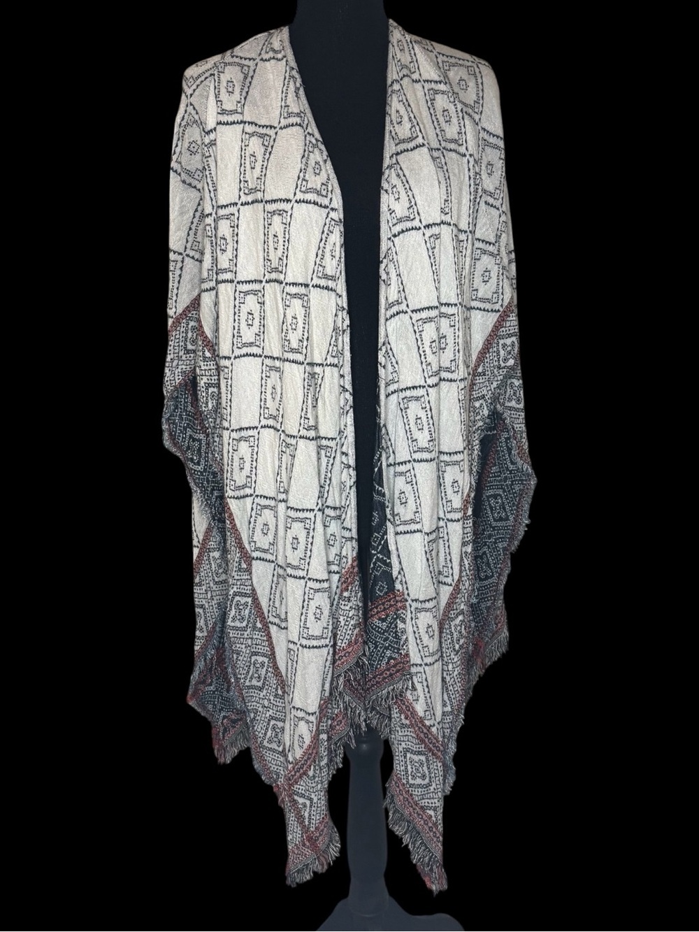Ecote Ivory and Slate Geometric Knit Wrap with Pink Accents